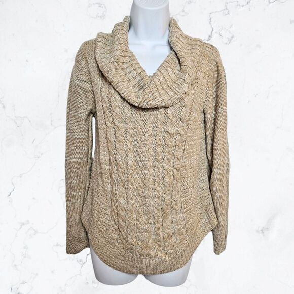 It's Our Time Beige / Tan and White Cable Knit Cowl Neck Sweater - Picture 1 of 5